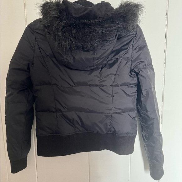 Express Black Puffer Jacket with Gold Accents with Removable hood Size Small - Picture 2 of 8